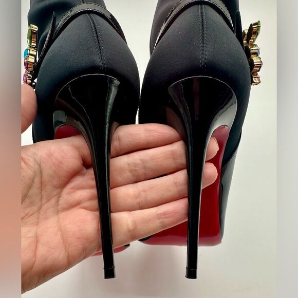 Christian Louboutin Jessie Booty Joli 100 Black Patent Satin Ankle EU 37.5 - Picture 10 of 14